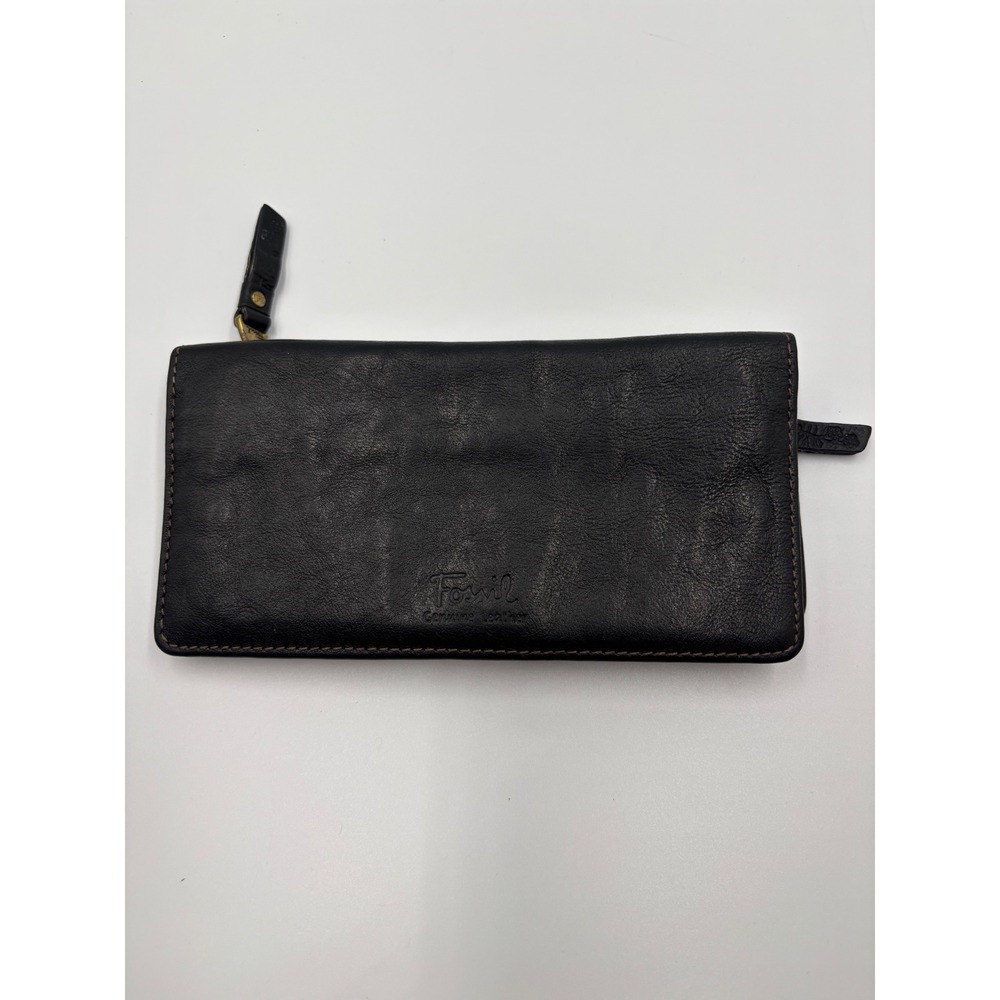 Fossil Black Genuine Leather Slim Bifold Clutch Wallet Brass Hardware Zip Pocket